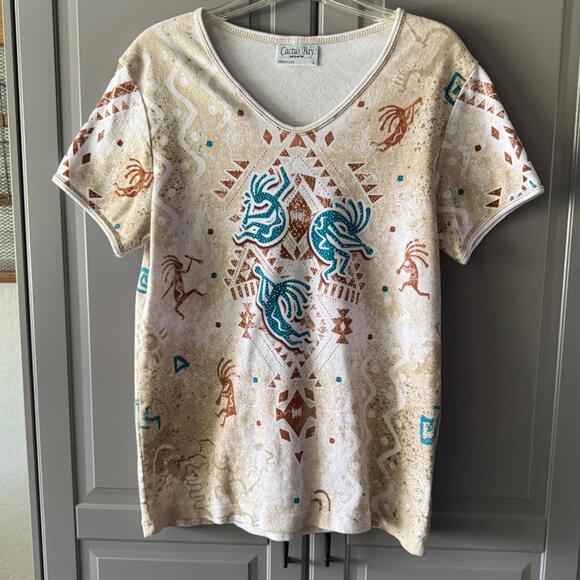 CACTUS BAY Y2K Embellished Southwestern‎ Kokopelli Print Blouse, Multi,L - Picture 1 of 10
